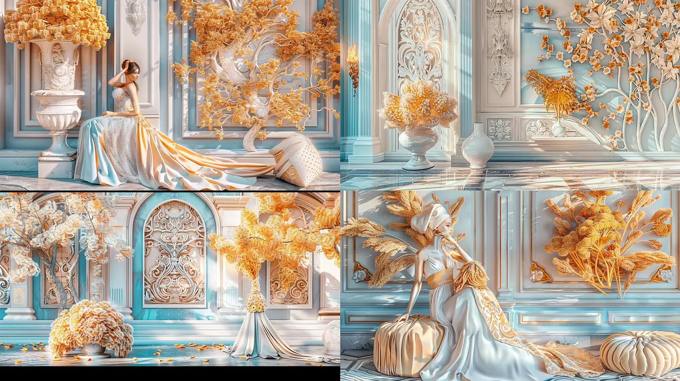 Ethereal Rococo Reverie with Gilded Botanical Accents - Midjourney sref style