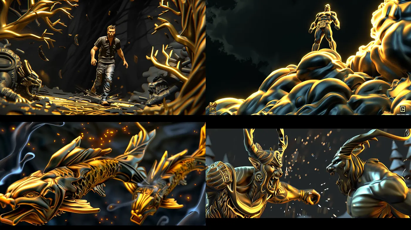Luminous Golden Contrast: The Dance of Shadows and Highlights in Art - Midjourney sref style