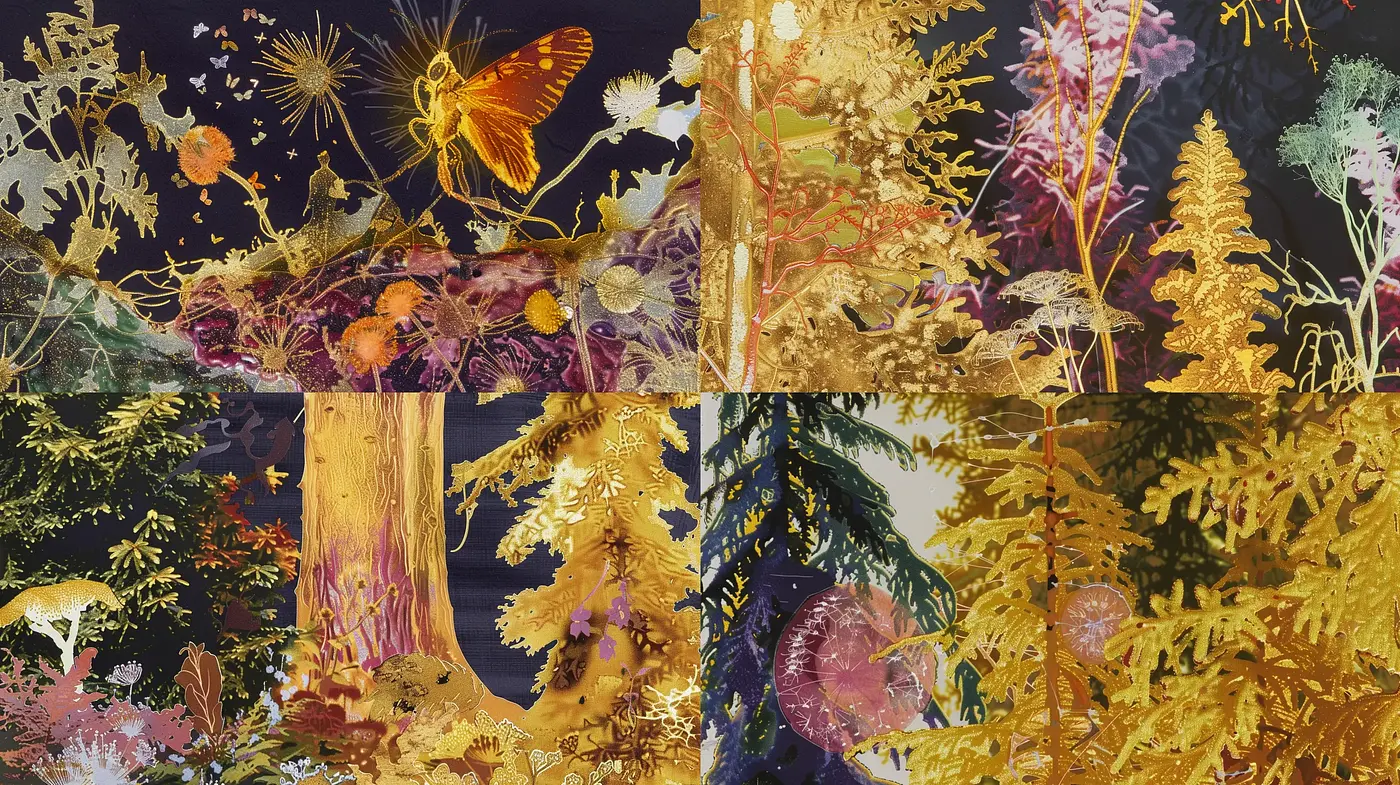 Enchanted Botanical Tapestry: A Fusion of Natural Elements and Gilded Textures - Midjourney sref style