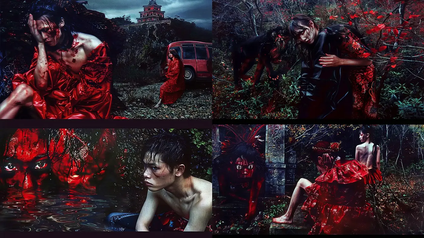 Gothic Elegance with Crimson Emphasis in a Surreal Dark Landscape - Midjourney sref style
