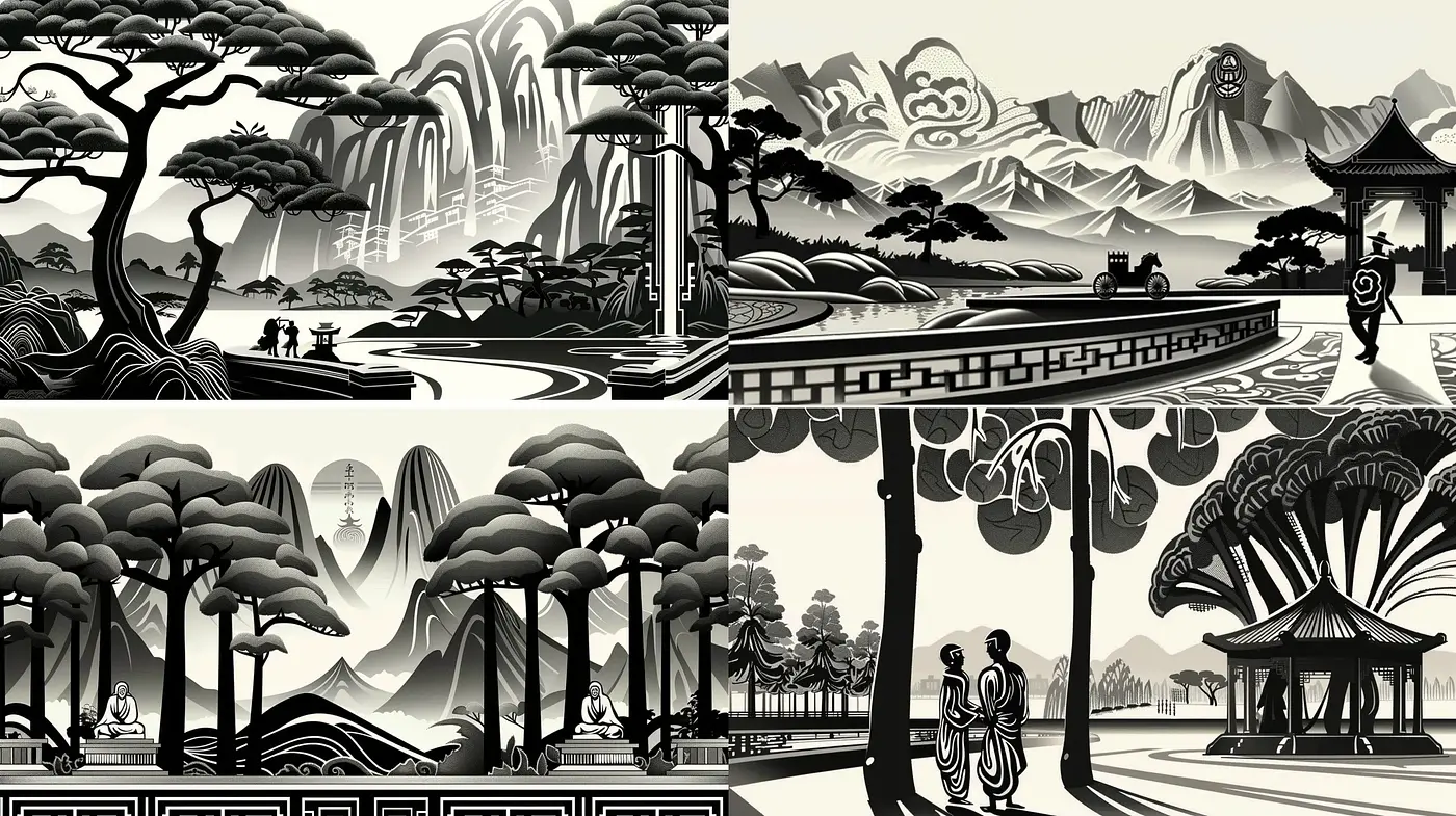 Monochromatic Ink-Wash Fusion Landscapes - Midjourney sref style