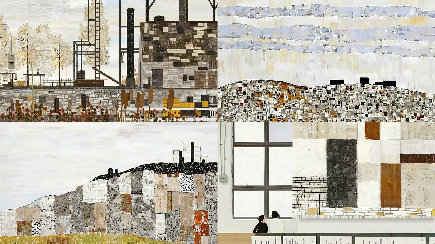 Industrial Serenity in Geometric Abstraction: A Synthesis of Muted Earth Tones and Textural Patchwork - Midjourney sref style