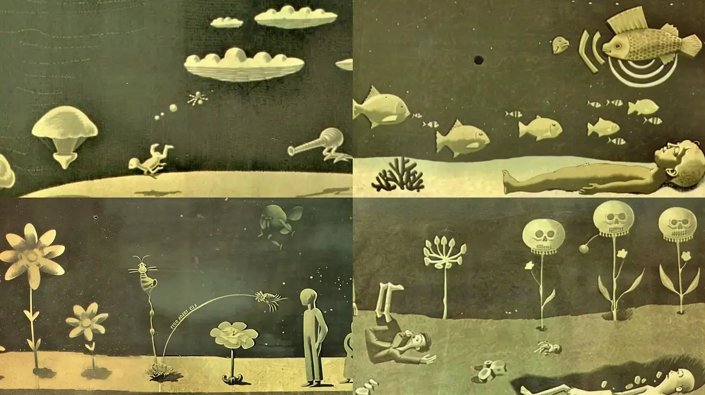 Surreal and whimsical dreamlike representation with a playful aesthetic - Midjourney sref style