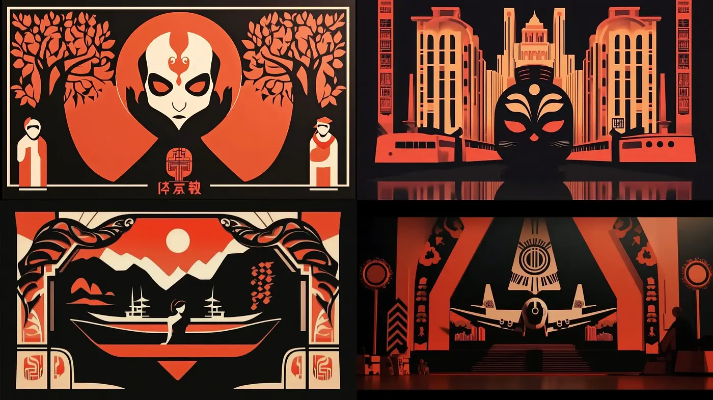 Nocturne of Red and Black: A Fusion of Art Deco and Asian Influence in Stylized Tableaus - Midjourney sref style