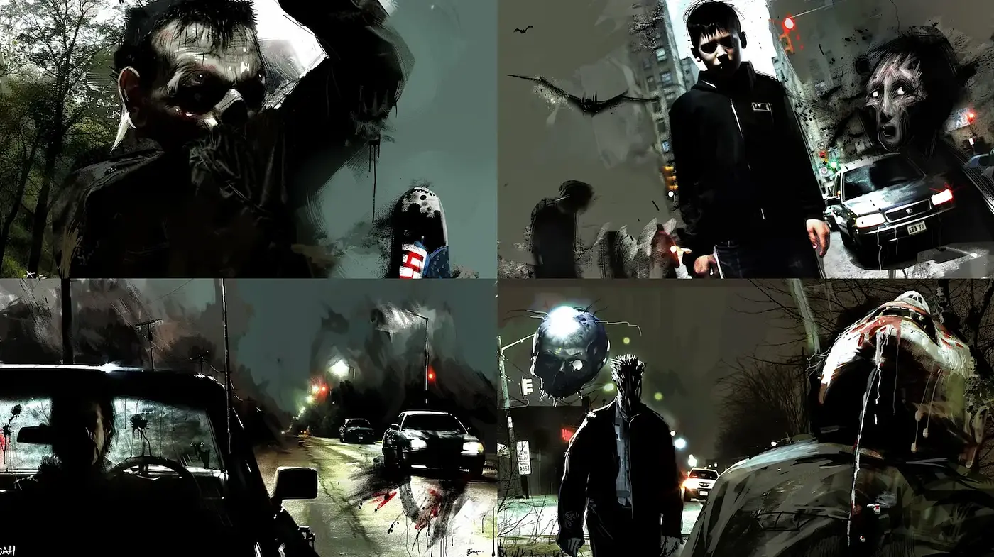 Dark and Gritty Urban Fantasy with a Surreal Edge - Midjourney sref style