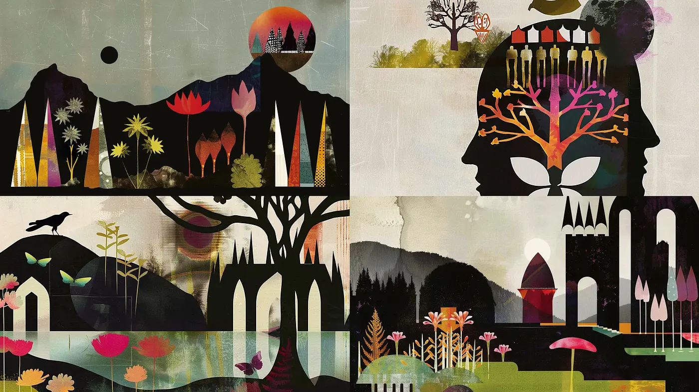 Whimsical Collage of Nature and Geometry in a Fantastical Dreamscape - Midjourney sref style