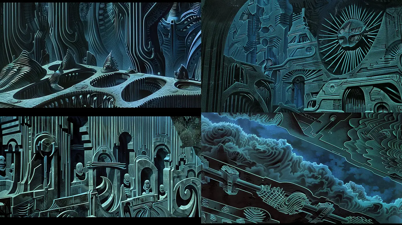 Futuristic Mechanical Dreamscape with Ethereal Overtones - Midjourney sref style