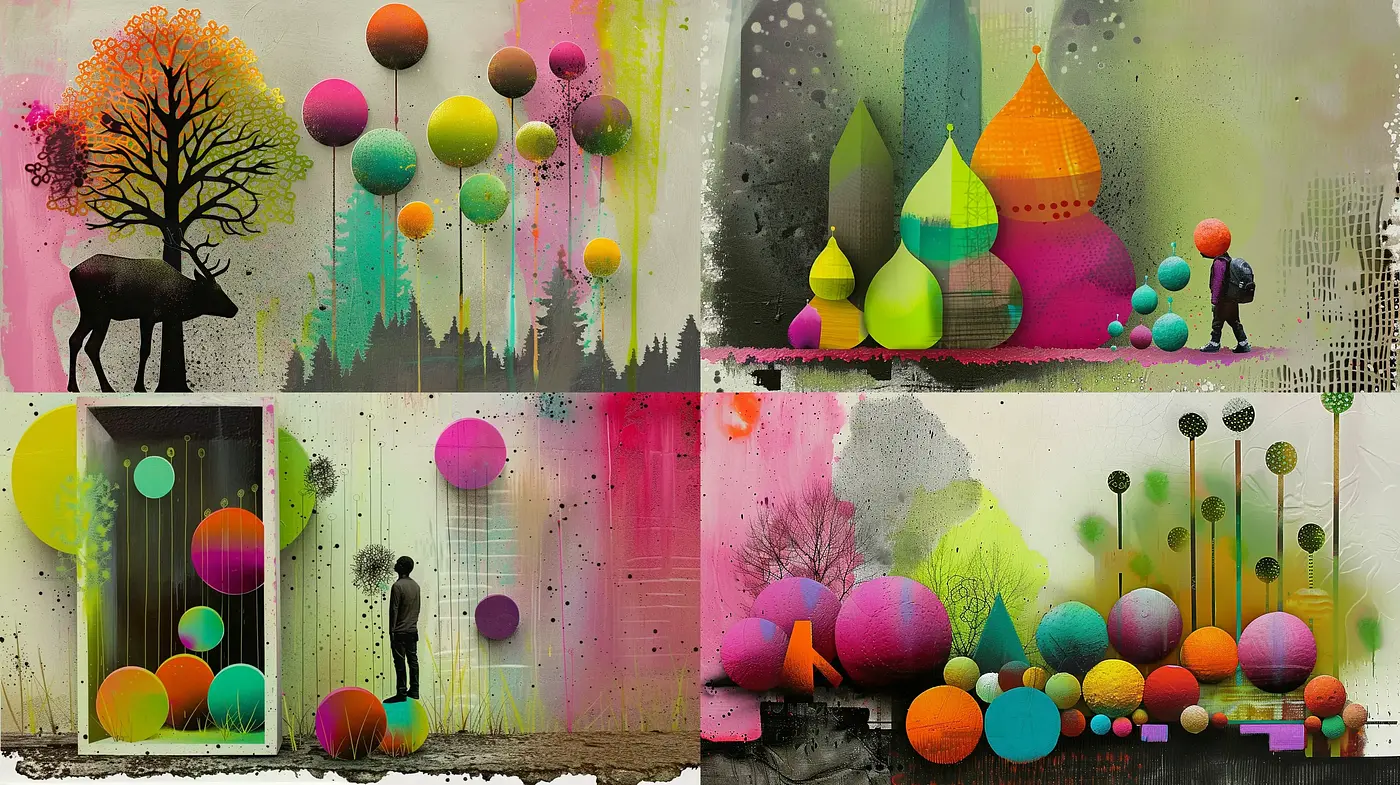 Surreal Dreamscape with Vivid Color Splashes and Streaked Backgrounds - Midjourney sref style