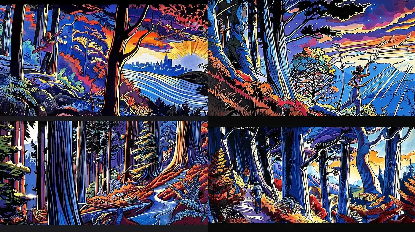 Vibrant, surreal landscapes with dynamic atmospheric transitions - Midjourney sref style