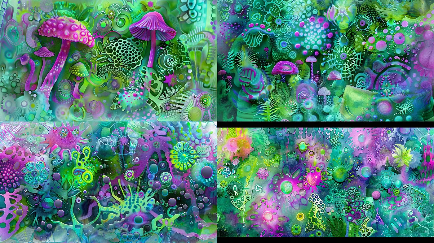 Ethereal Mycological Fantasia: A Visual Symphony of Fungal Forms and Fluorescent Hues - Midjourney sref style