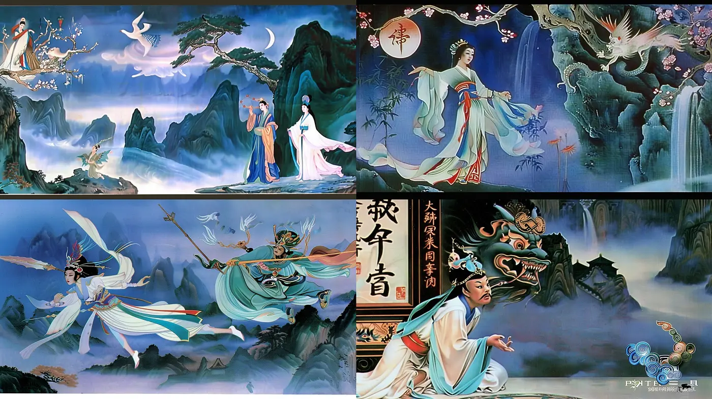 Ethereal Elegance in Mythical Tableaus: A Homage to Traditional Asian Artistry - Midjourney sref style