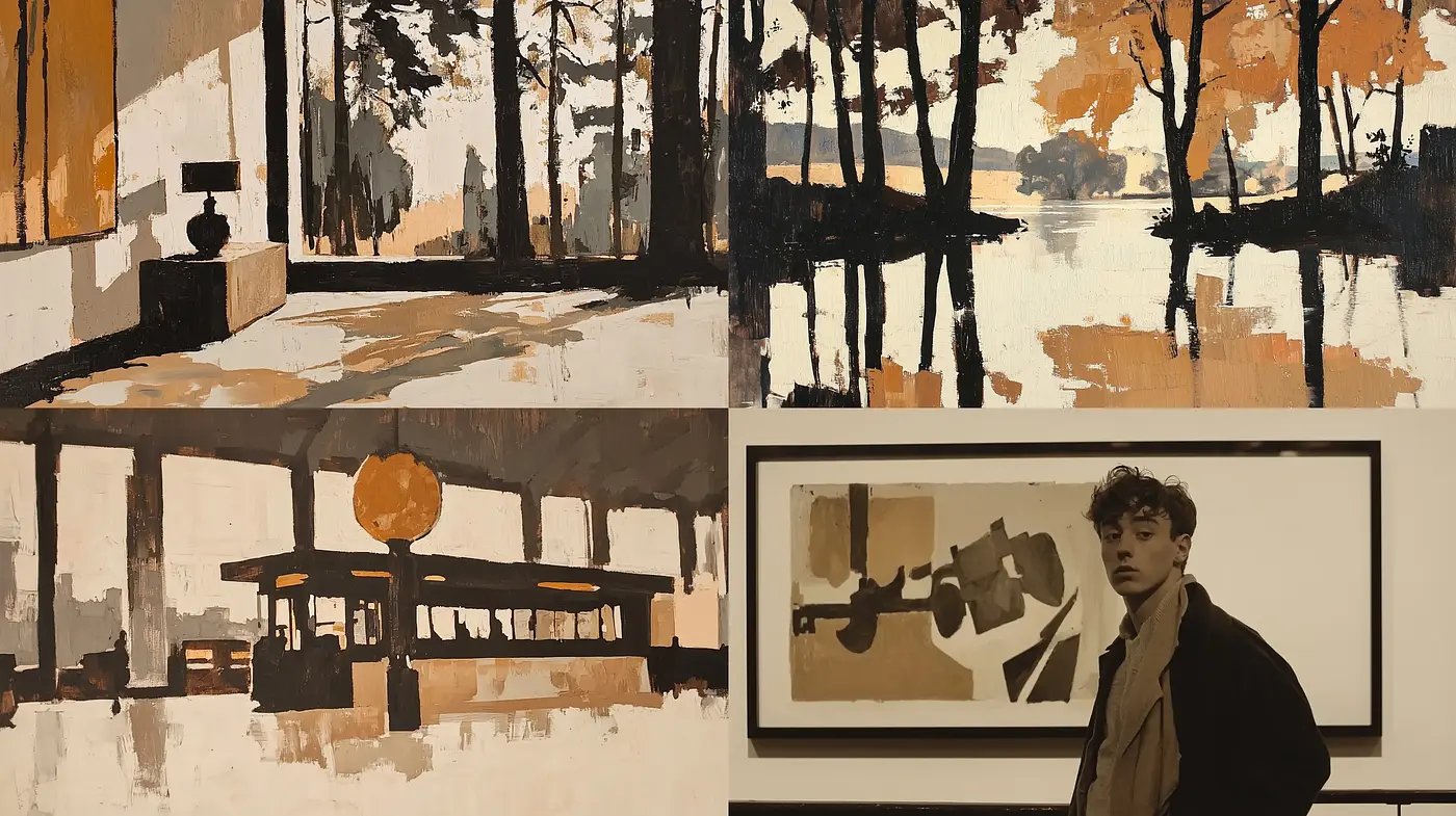 Autumnal Hues and Stylized Forms in Abstracted Spaces - Midjourney sref style