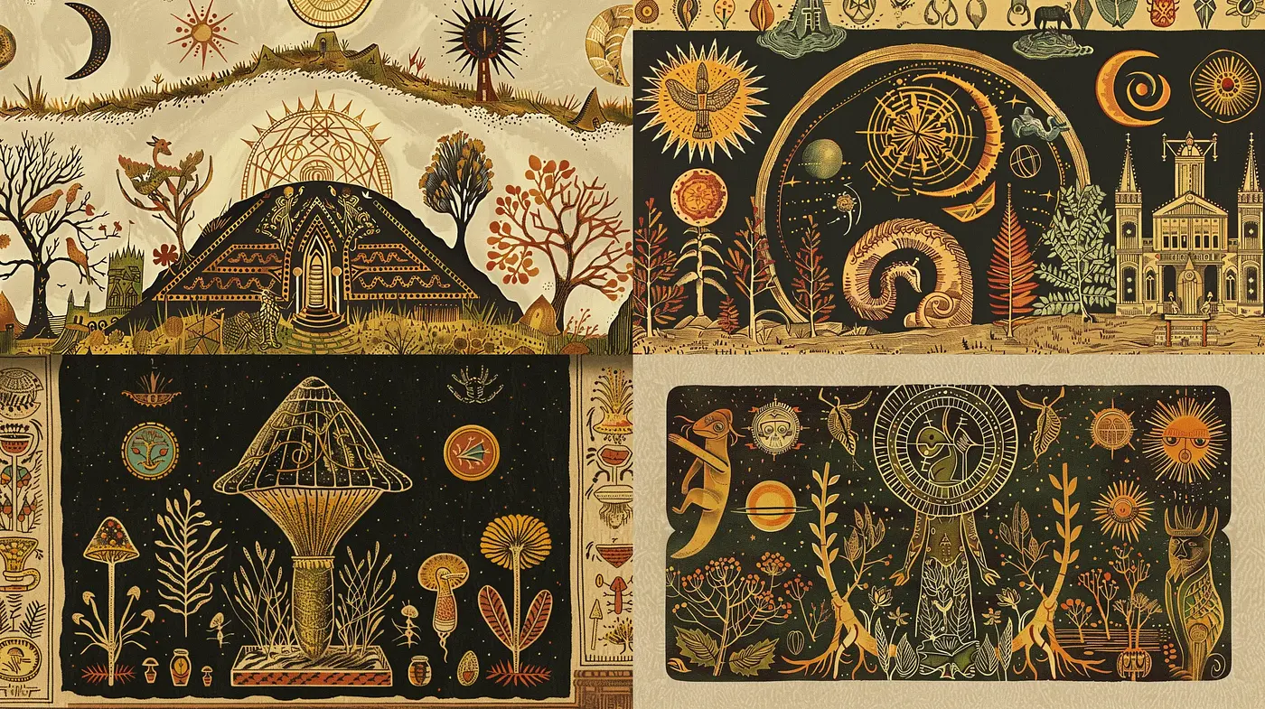 Mystical Celestial Tapestry in Earthy Tones - Midjourney sref style