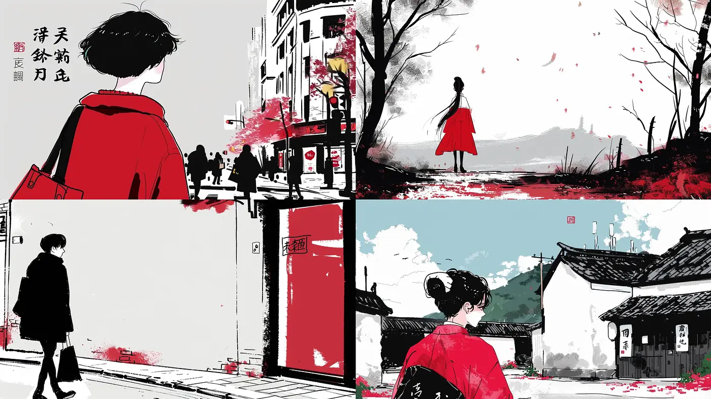 Stylized Contrast of Scarlet Against Monochrome Backdrops - Midjourney sref style