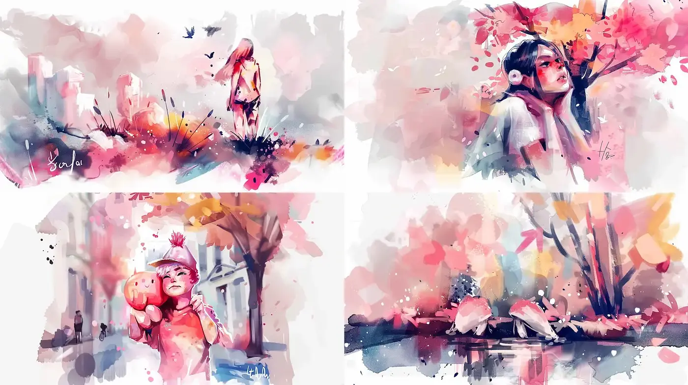 Whimsical and Vibrant Watercolor Illustrations with Emotional Depth - Midjourney sref style