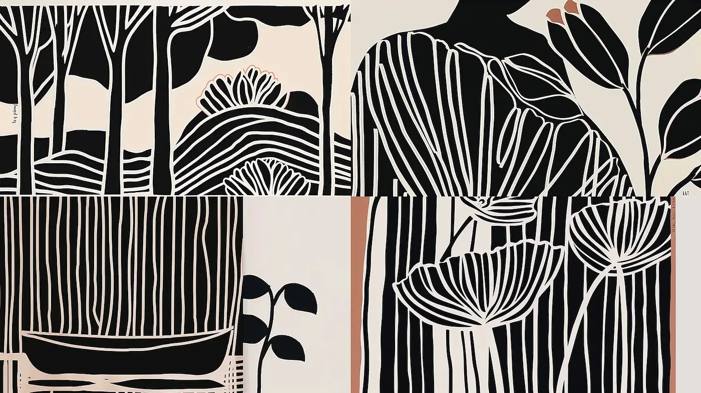 Minimalist Monochrome with Organic Motifs and Textural Variation - Midjourney sref style