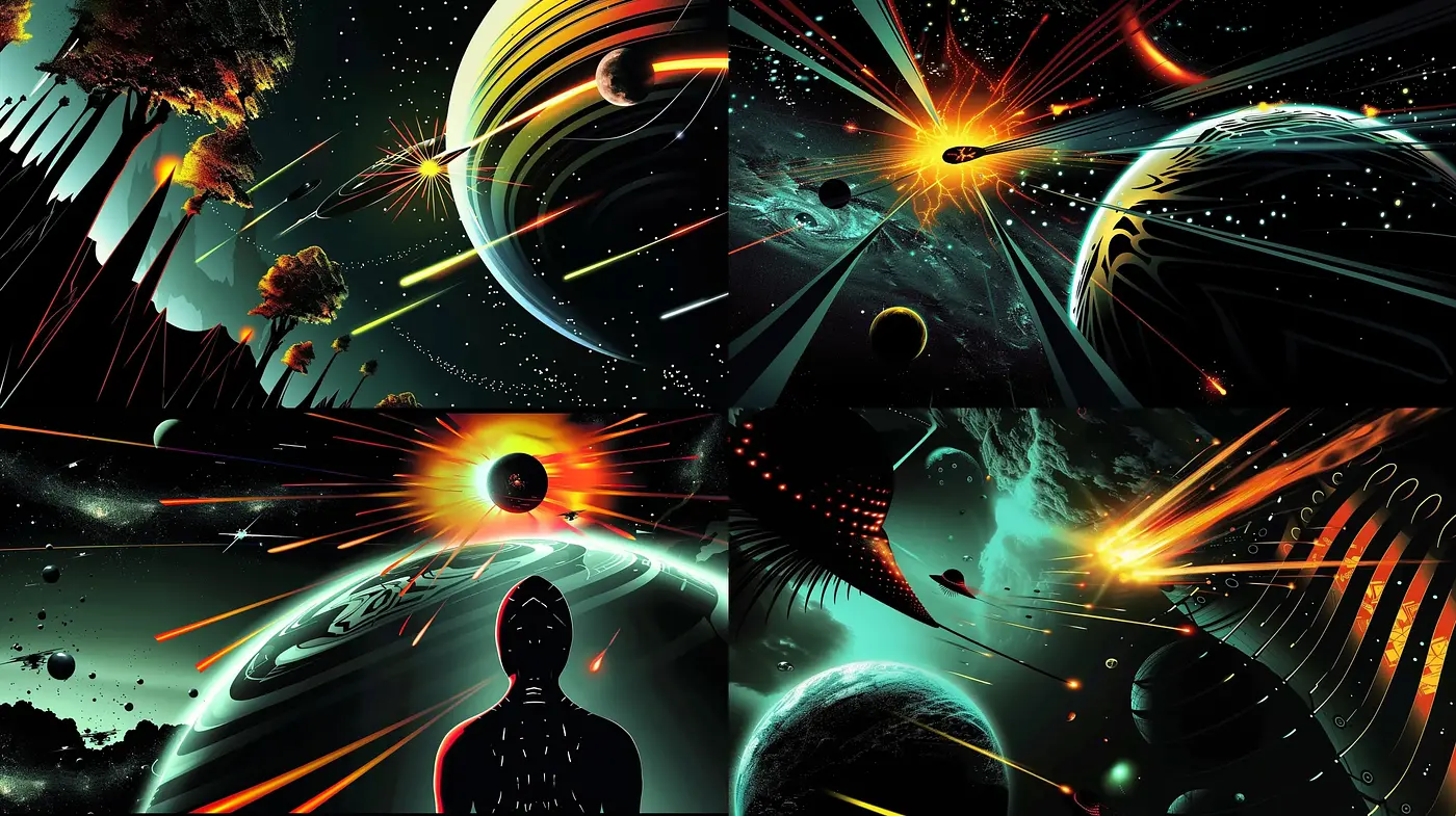 Cosmic Symphony of Luminous Eruptions in Digital Expressionism - Midjourney sref style