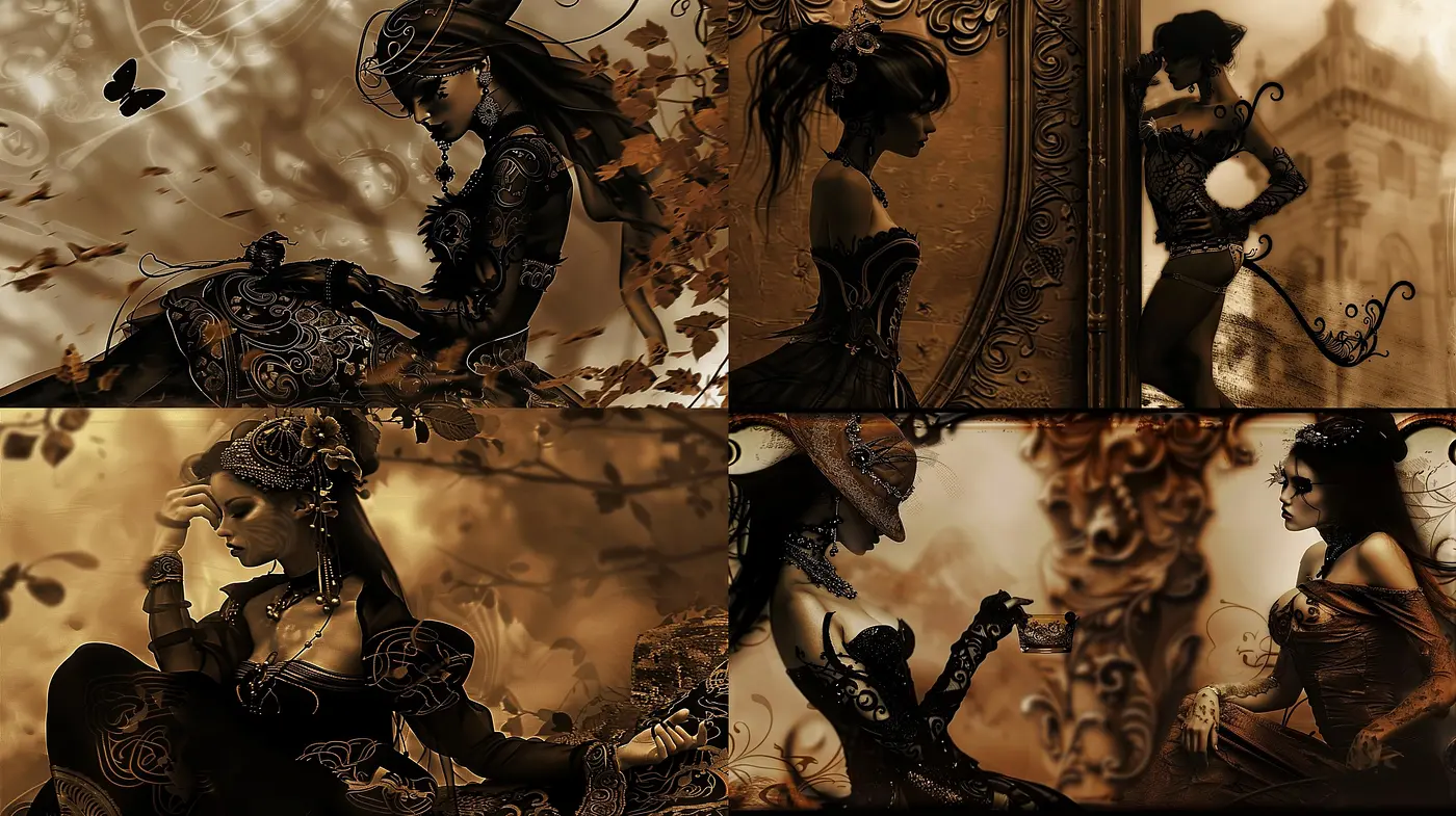 Sepia-Toned Baroque Elegance with Surreal Overtones - Midjourney sref style