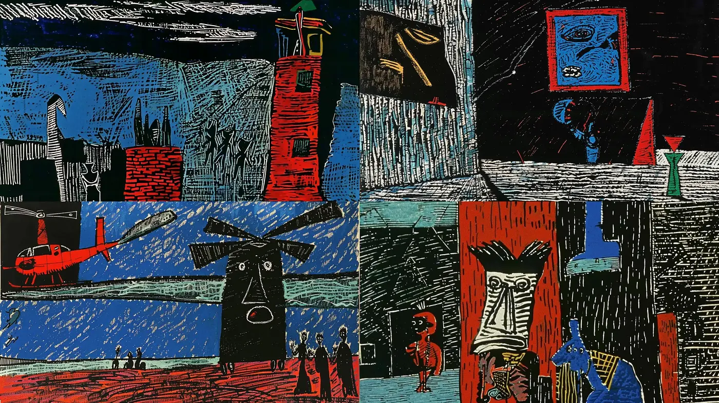 Eclectic Scratched Texture Collage with Bold Contours - Midjourney sref style