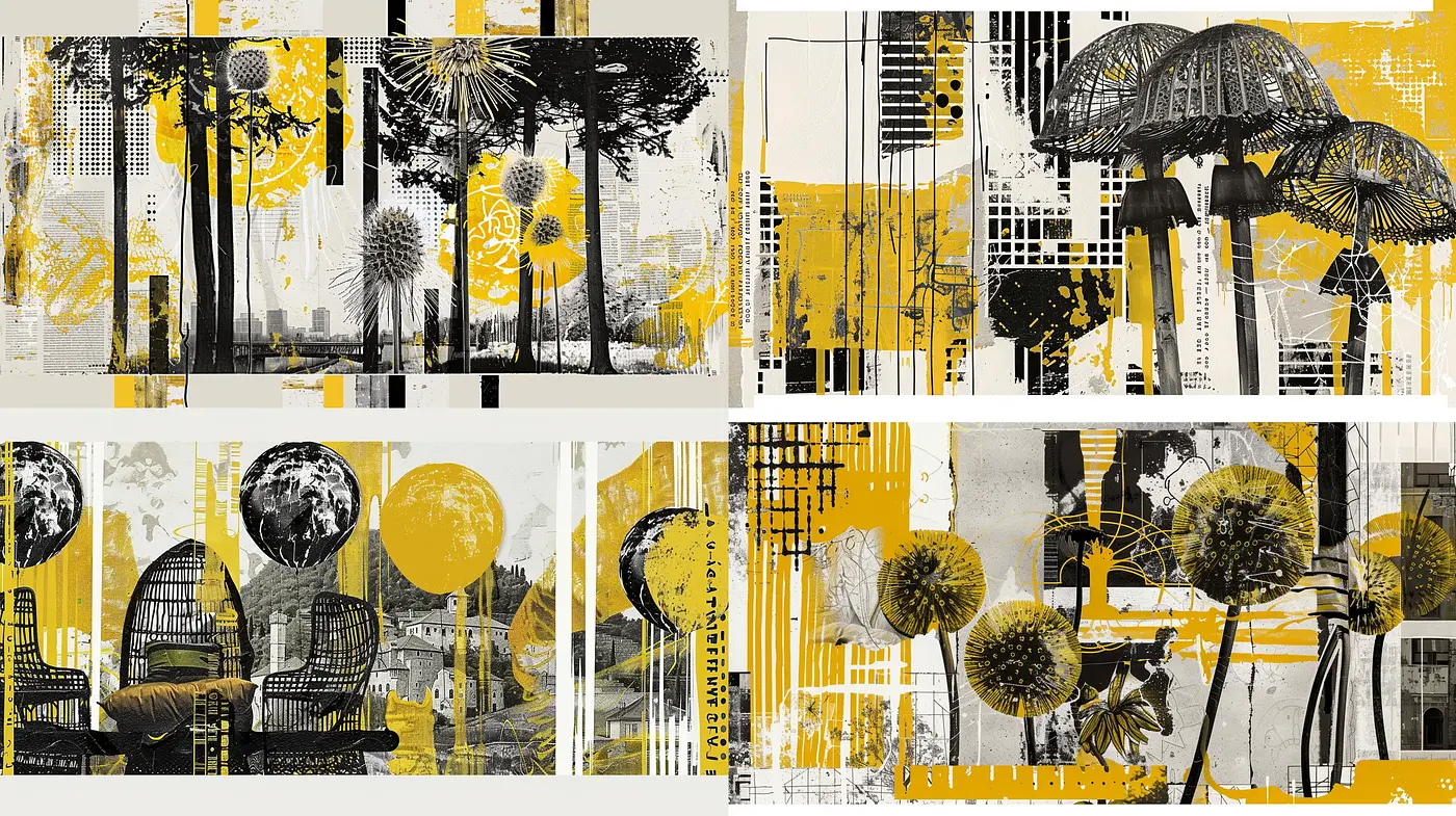 Abstracted Urban Elegance in Monochrome and Ochre - Midjourney sref style