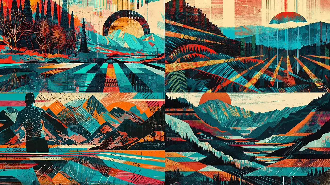 Abstract Geometric Landscape Fusion with Vibrant Retro Tones - Midjourney sref style