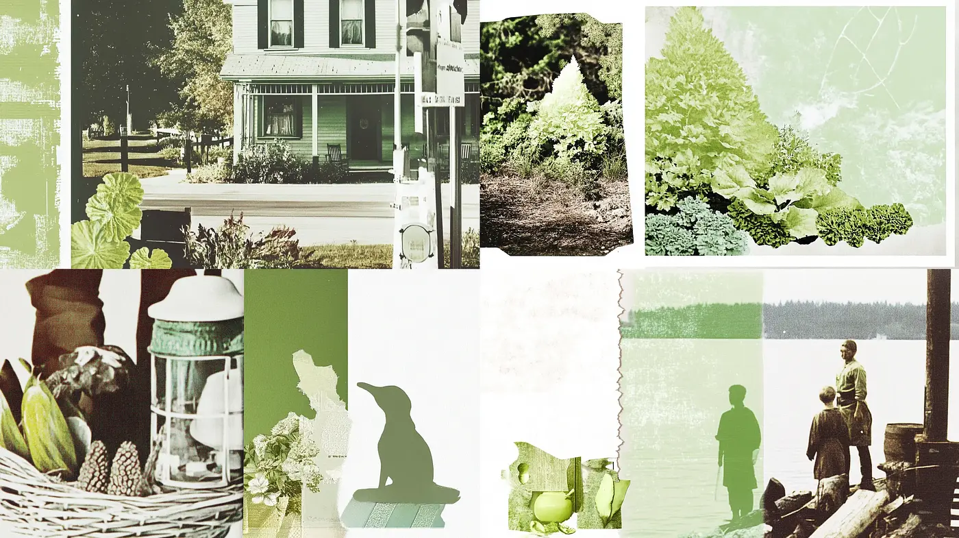 Pensive Green-Toned Pastoral Montages - Midjourney sref style