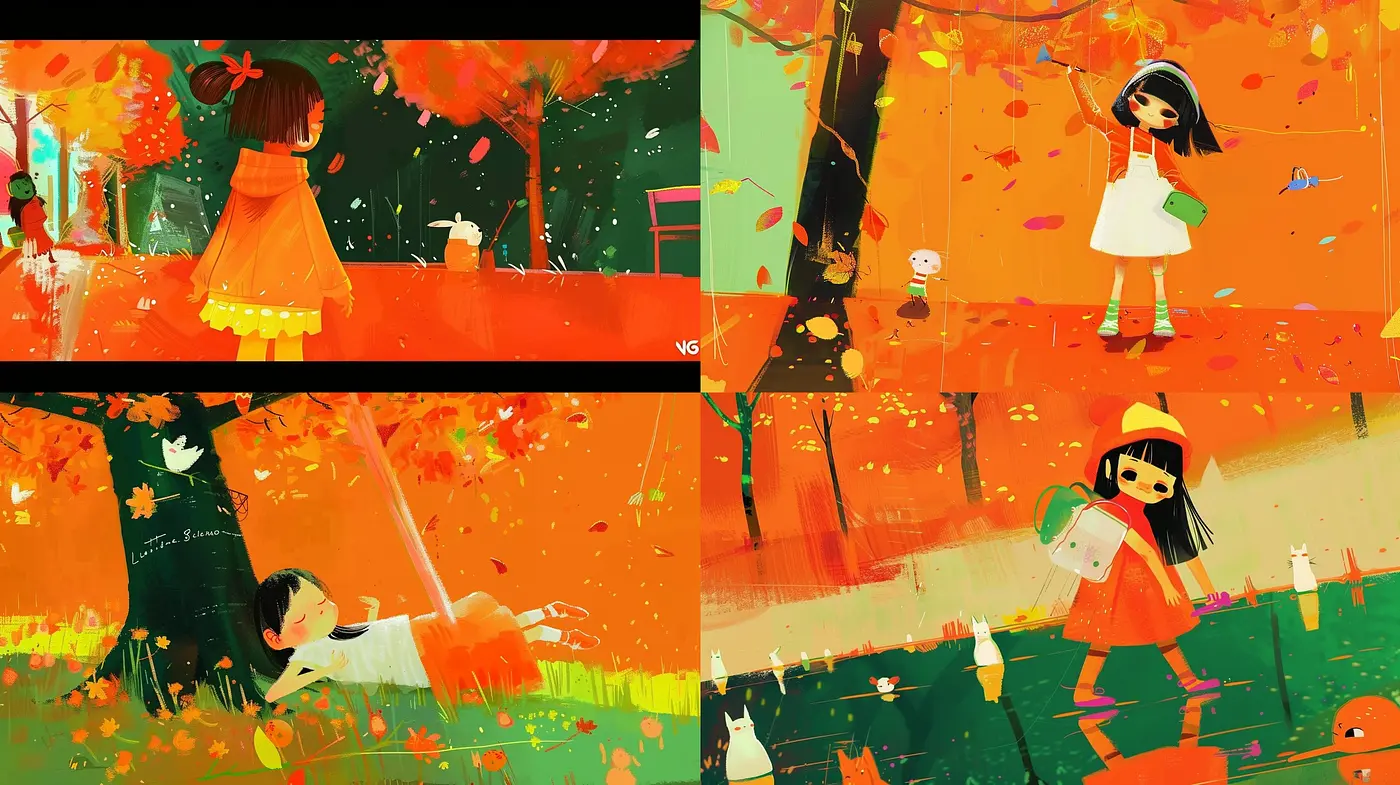 Autumnal Whimsy: Radiant Hues and Serene Storybook Illustrations - Midjourney sref style
