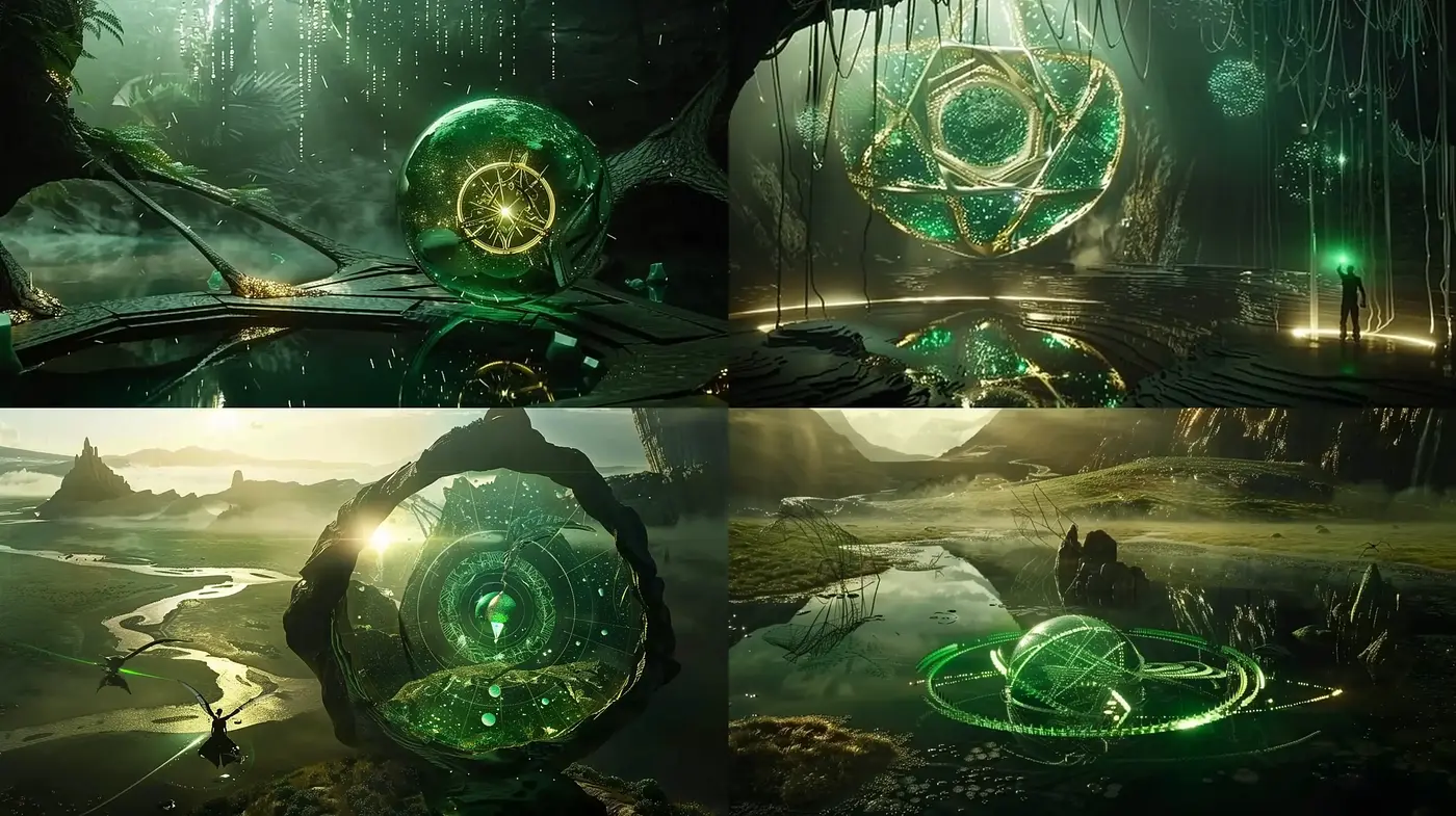 Emerald Mystique: A Cohesive Vision of Fantastical Realms and Ethereal Light - Midjourney sref style