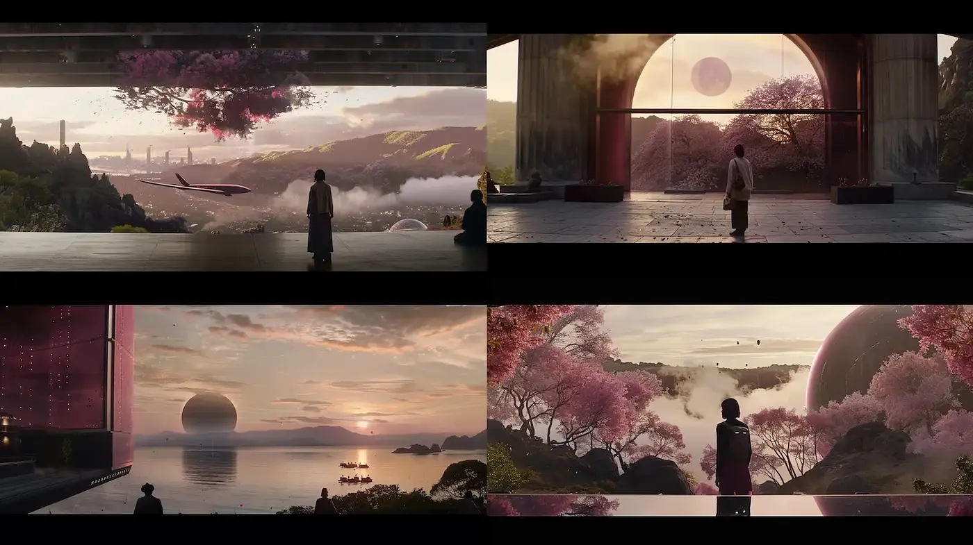 Ethereal Landscapes with Harmonious Coloration and Architectural Elements - Midjourney sref style