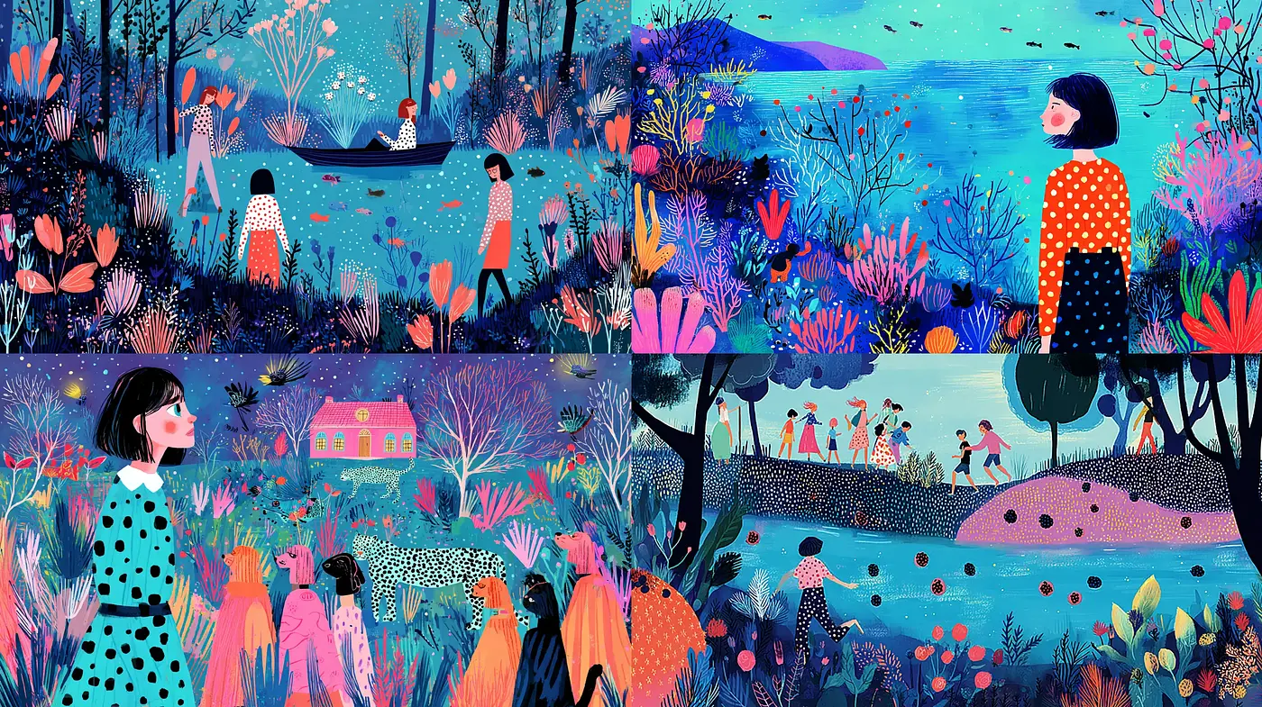 Vibrant and whimsical landscapes inspired by modern illustration techniques - Midjourney sref style