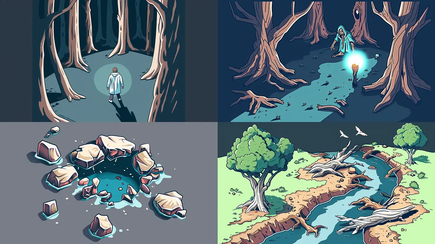 Whimsical Nature Scenes with a Stylized Graphic Novel Aesthetic - Midjourney sref style