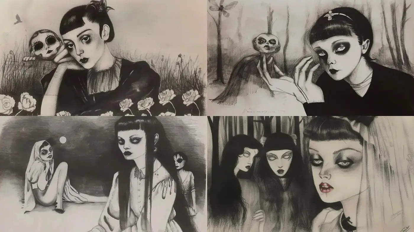 Gothic Aesthetic in Monochrome Illustrations - Midjourney sref style
