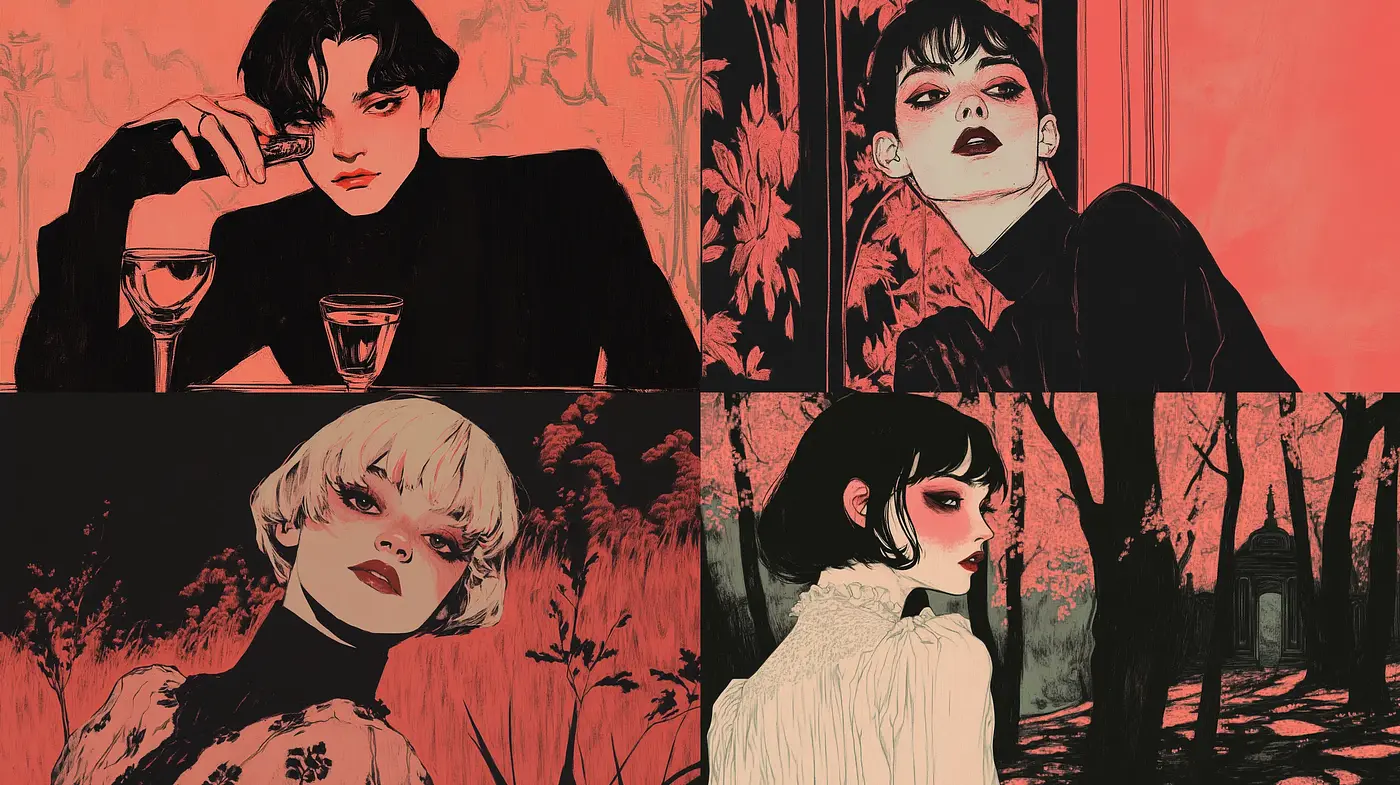 Crimson Noir Elegance: A Symphony of Stark Contrasts and Dramatic Tones - Midjourney sref style
