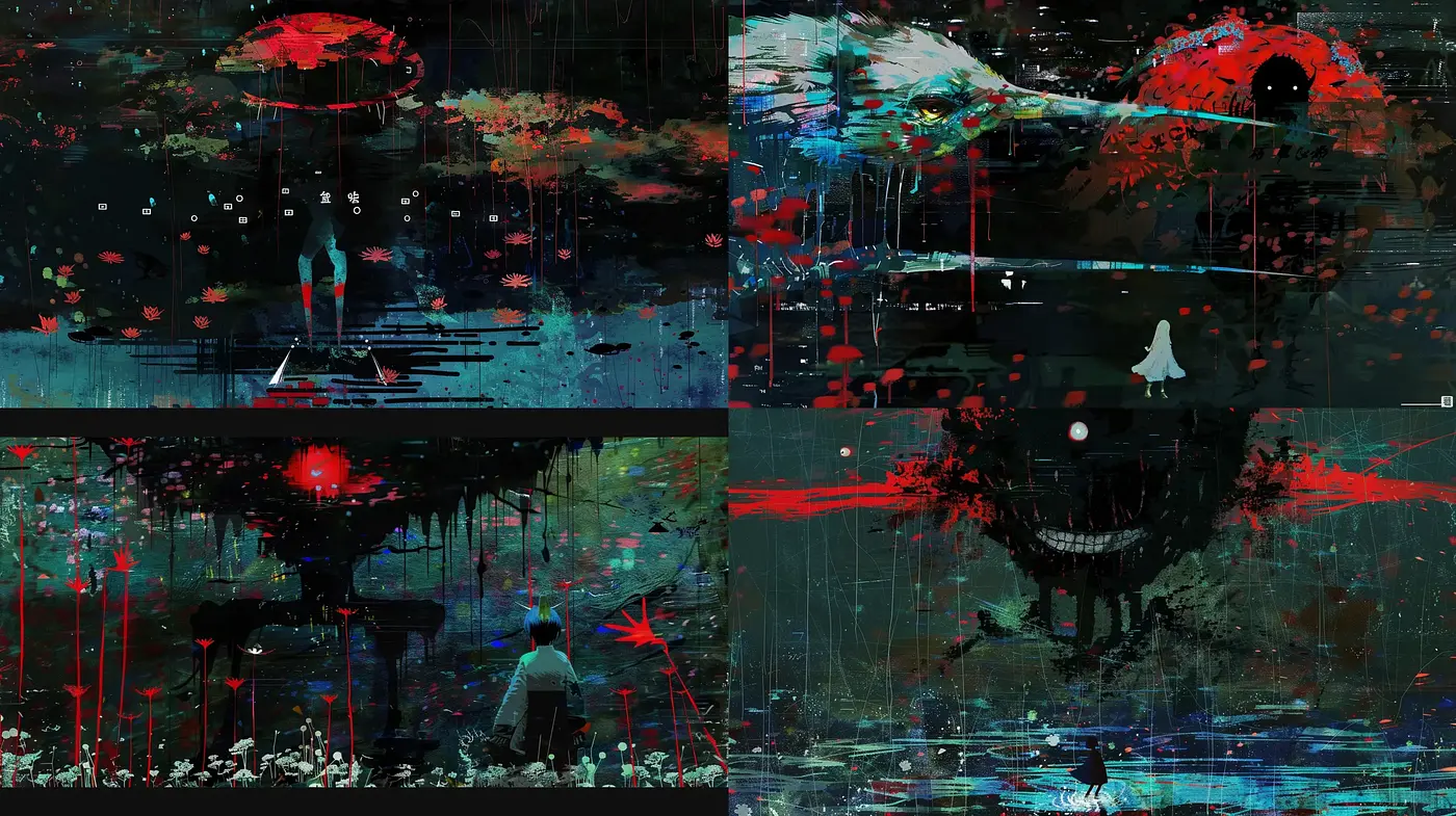 Abstract Dystopian Chaos: Splintered Realities in Vivid Decay - Midjourney sref style