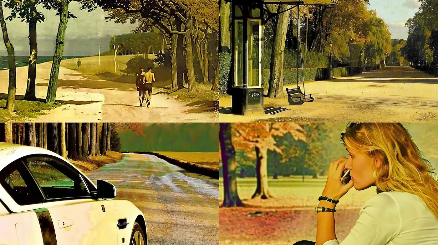 Eclectic blend of nostalgic urban landscapes infused with nature and introspective moments - Midjourney sref style