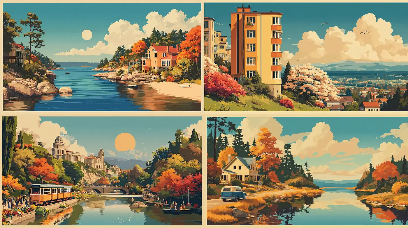 Charming Landscapes Infused with Retro Aesthetic and Warm Colors - Midjourney sref style