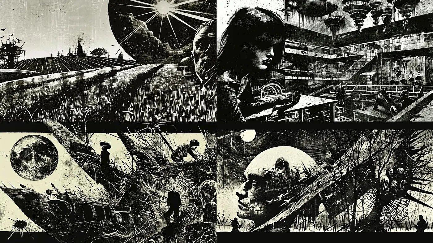 Monochromatic Dreamscape: A Fusion of Dystopian Surrealism and Graphic Novel Aesthetics - Midjourney sref style