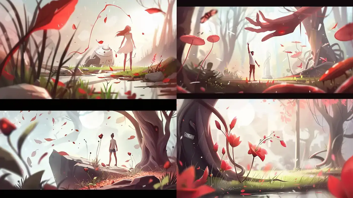 Whimsical, ethereal landscapes with vibrant flora and playful elements - Midjourney sref style