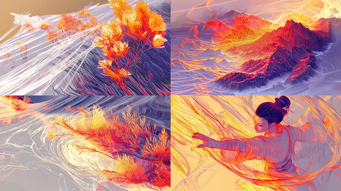 Fiery Ethereal Dreamscape: A Fusion of Warm Hues and Fluid Dynamics - Midjourney sref style