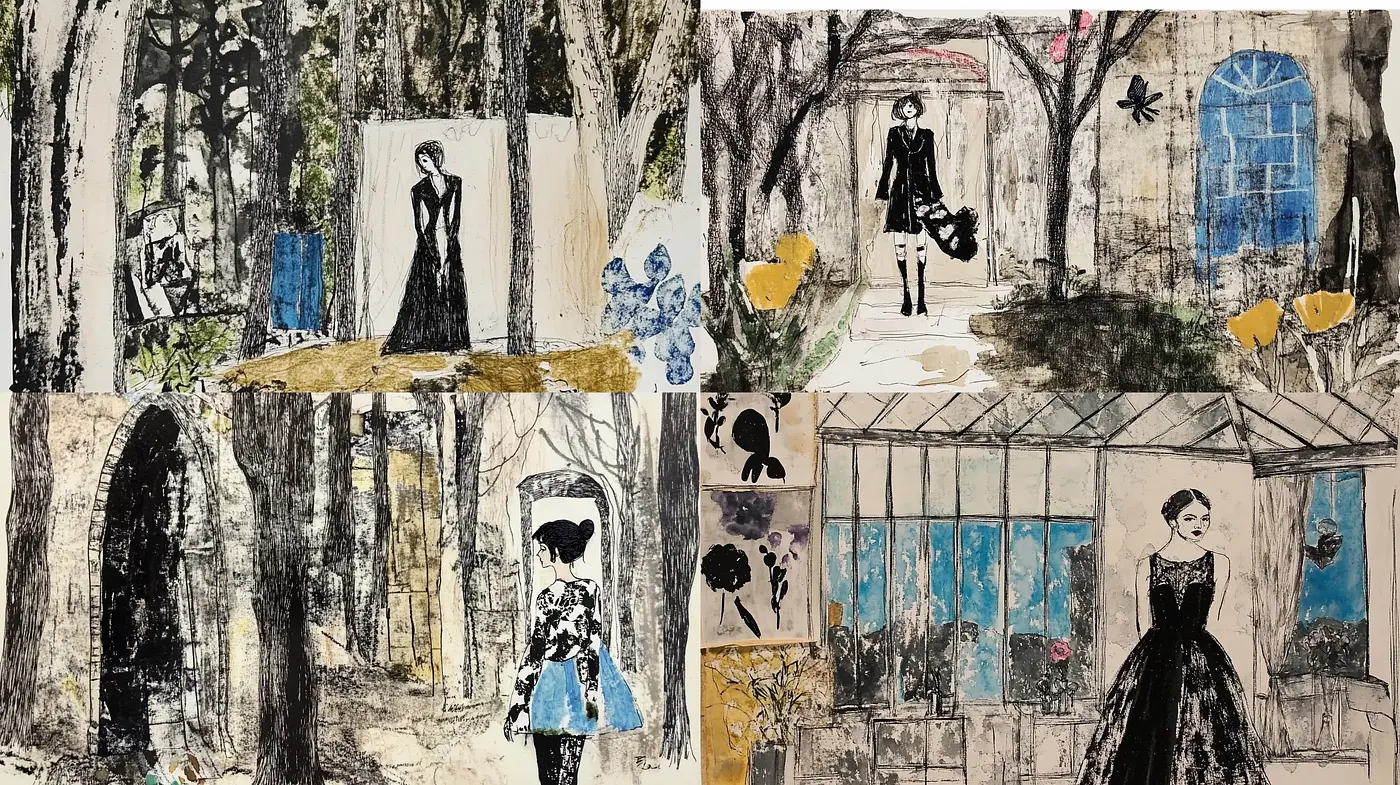 Elegant Whimsy in Monochrome: Textured Storybook Illustrations - Midjourney sref style