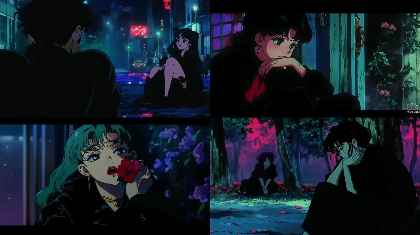 Neon-Noir Dreamscape: A Cyberpunk Reverie in Anime Aesthetics - Midjourney sref style
