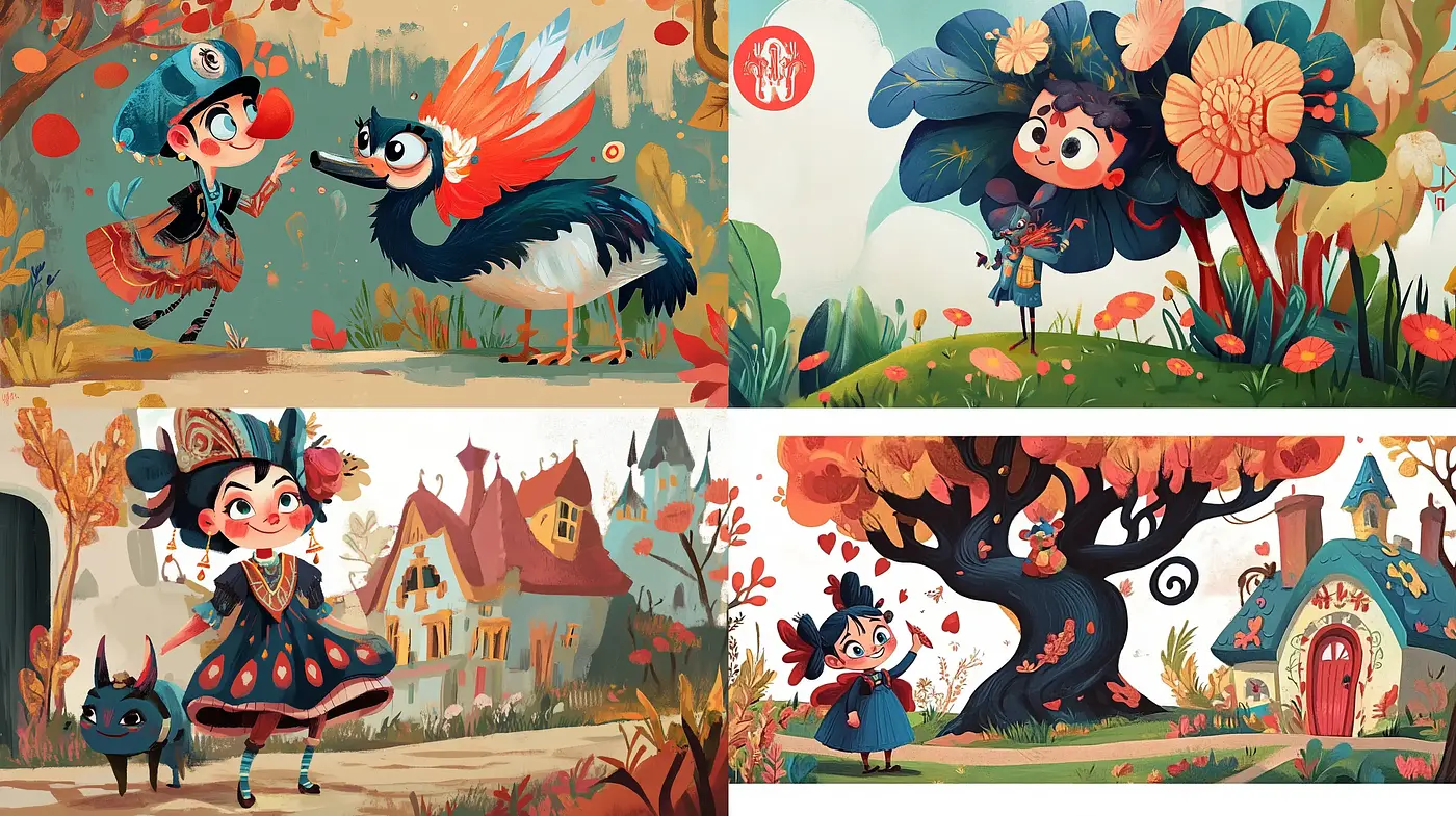 Whimsical Storybook Illustration Style with Warm Palette and Stylized Characters - Midjourney sref style