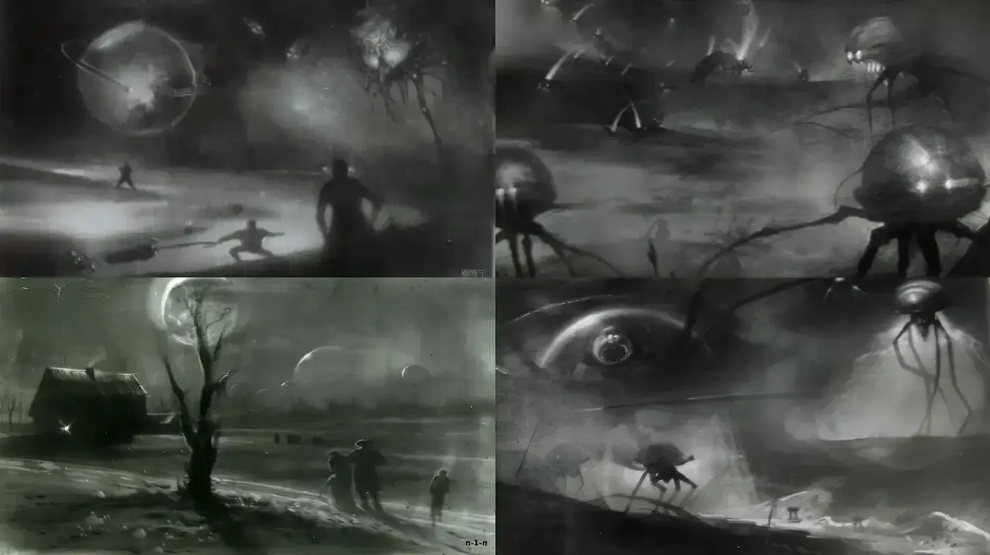 Ethereal Monochromatic Sci-Fi Landscapes with Surreal Elements - Midjourney sref style