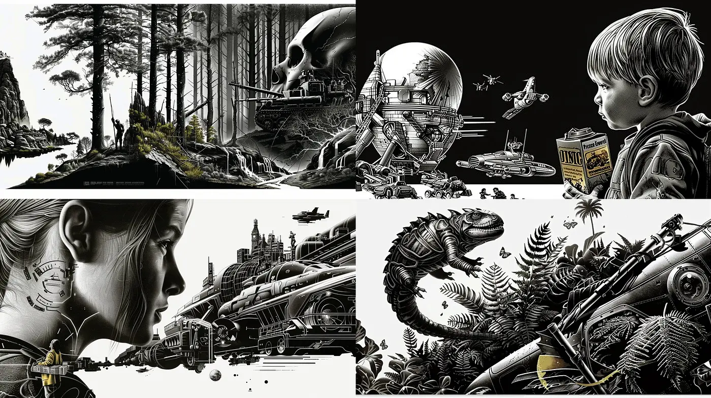 Monochromatic Dreamscapes: Stylized Fusion of Fantasy and Mechanical Realism - Midjourney sref style