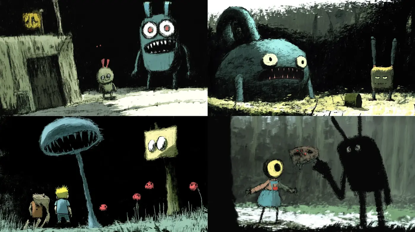 Enigmatic Whimsical Shadows: A Darkly Playful Illustrative Collection - Midjourney sref style