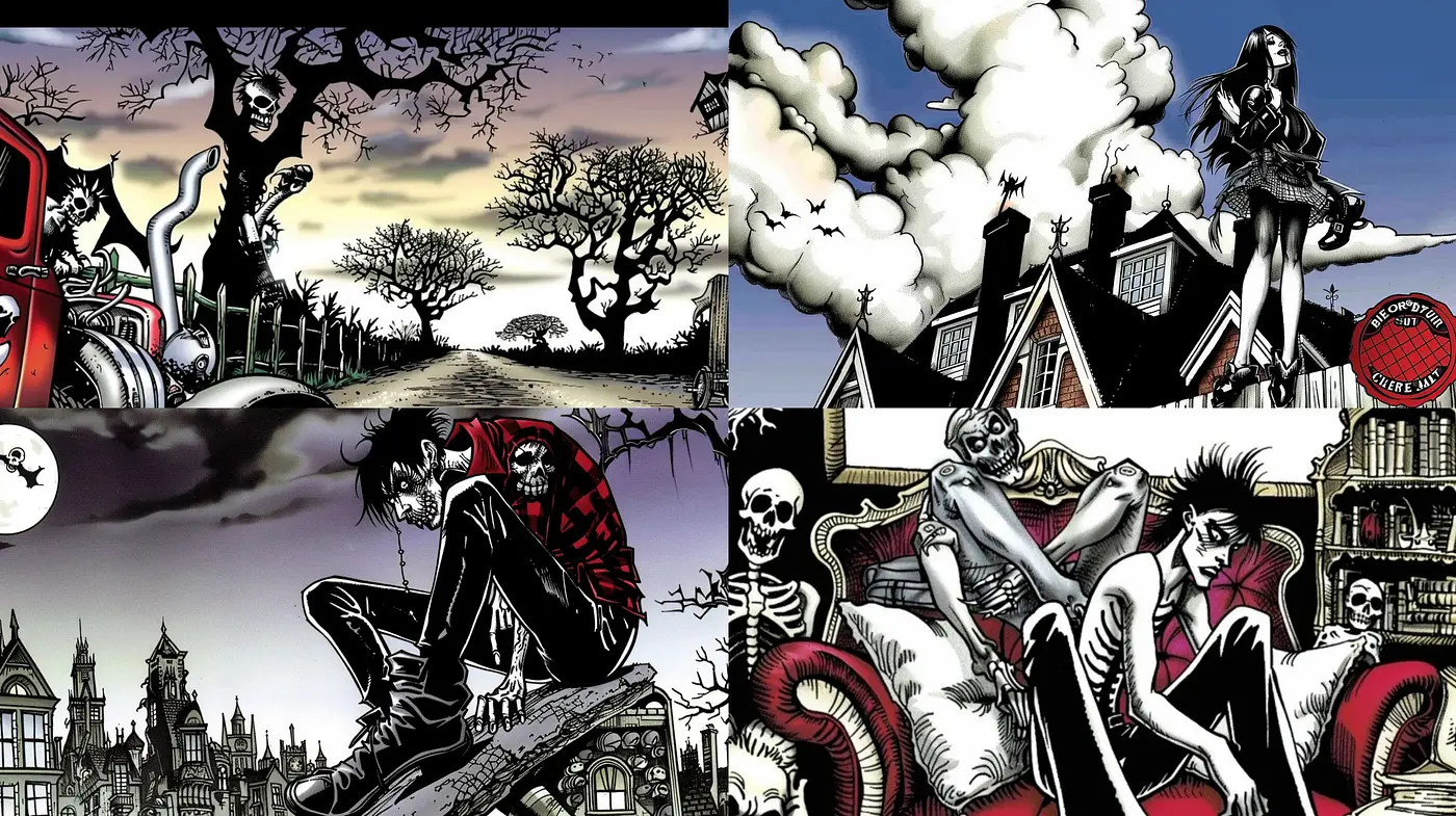 Gothic Punk Enigma: A Fusion of Dark Comic Artistry and Surreal Imagery - Midjourney sref style