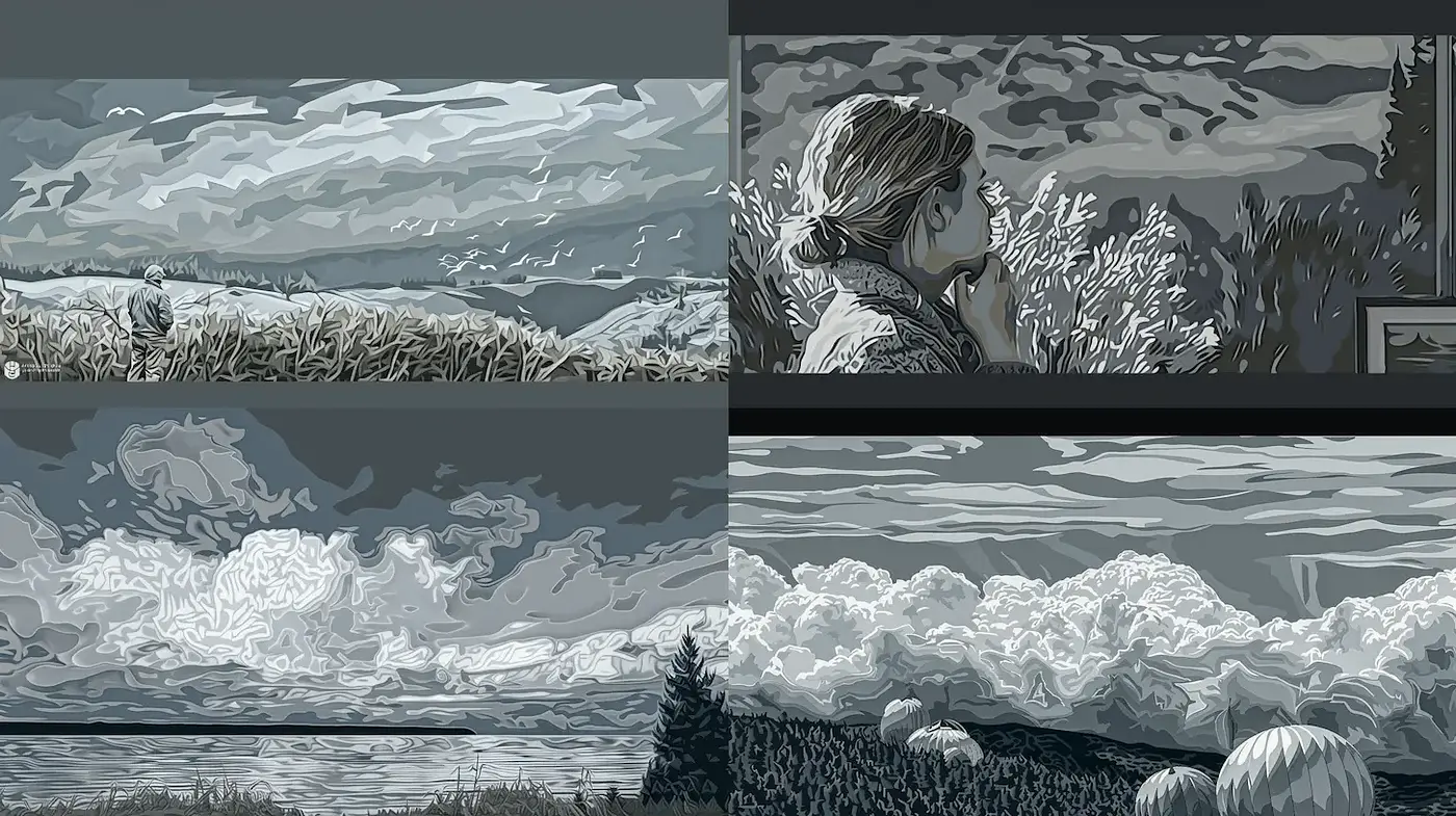 Consistent Vintage-Inspired Landscape and Portrait Imagery with Monochromatic Elements - Midjourney sref style