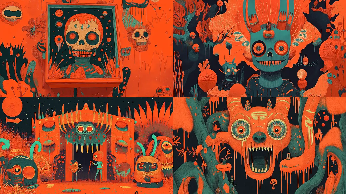 Eccentric Fusion of Surrealist Nightmare and Whimsical Fancy - Midjourney sref style