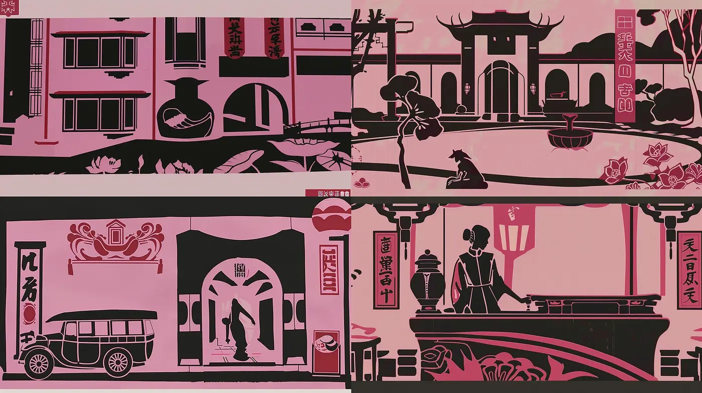 Monochromatic Elegance in Stylized Asian-Inspired Scenes - Midjourney sref style