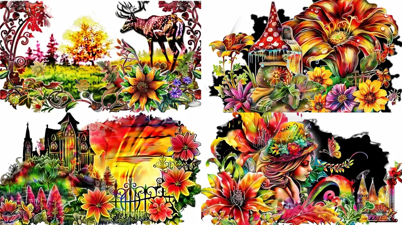 Vivid Floral Fantasy with Whimsical Elements - Midjourney sref style